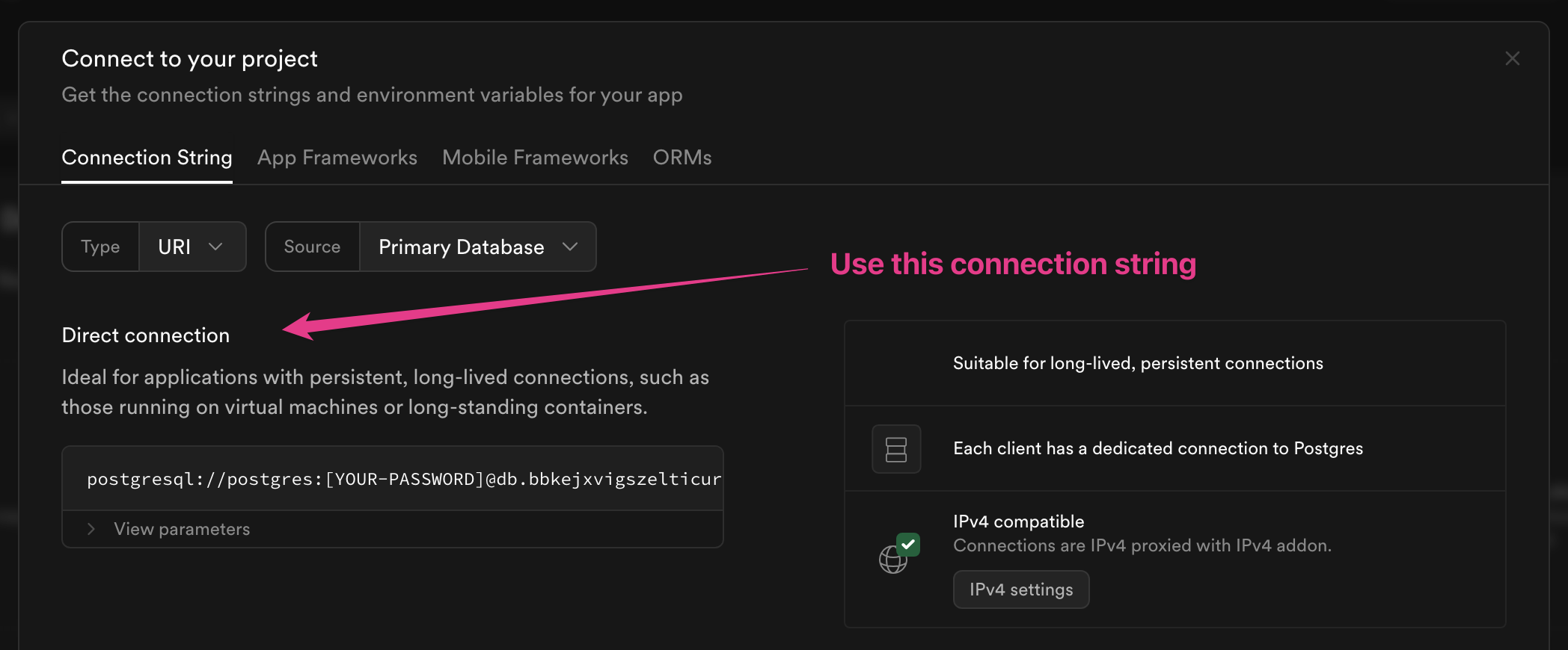 Screenshot of UI to get correct connection string